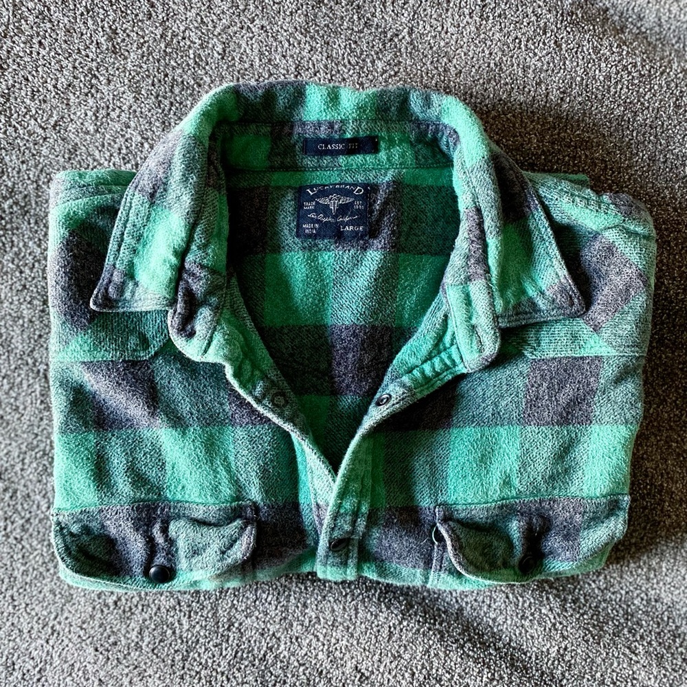 Lucky Brand Classic Fit Washed Green Flannel Men’s Large
